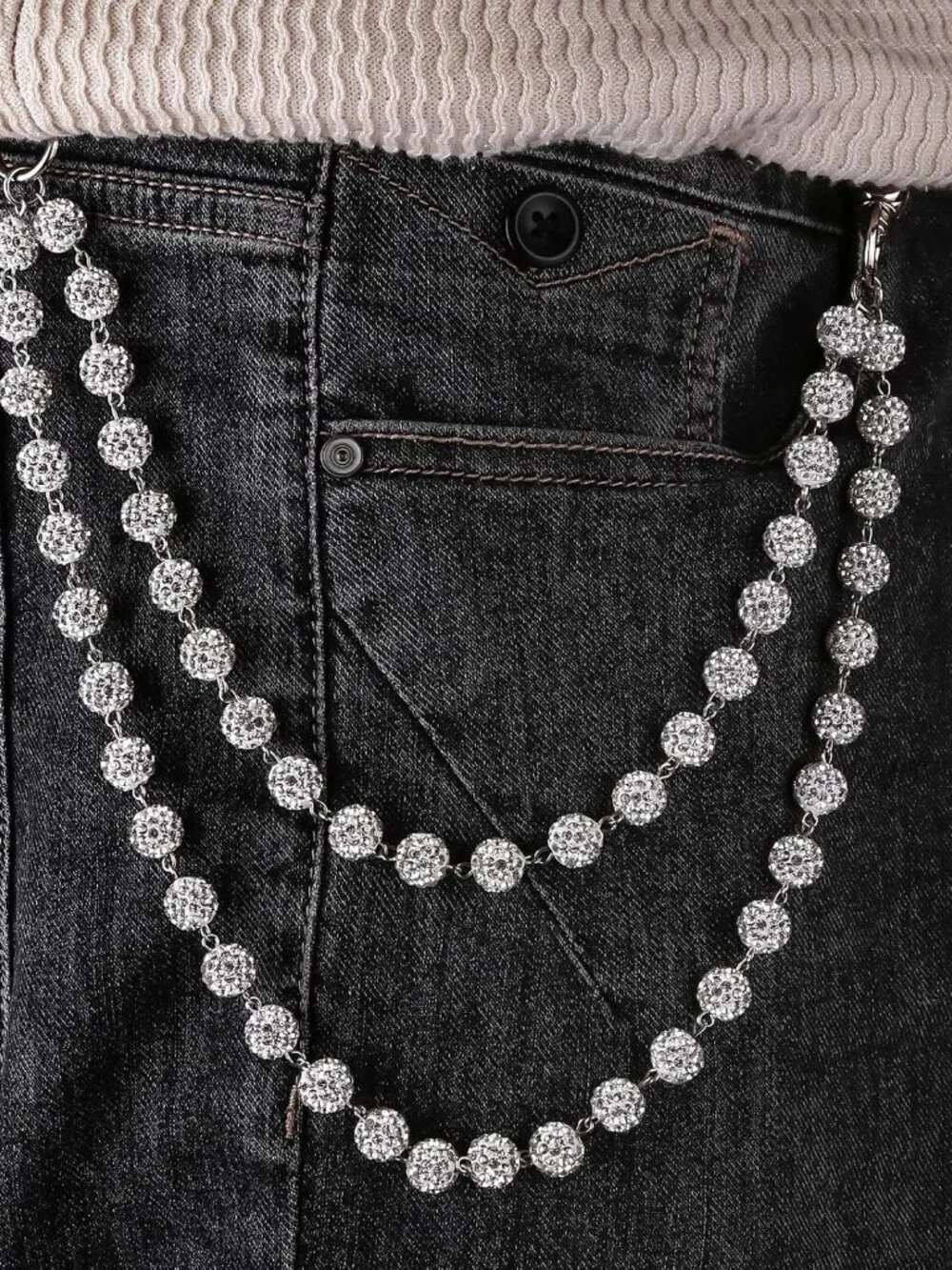 Rhinestone Ball Jeans Chain, Double Layer Crystal Waist Chain, Silver & Blue Spa